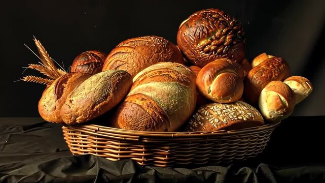 A basket filled with various artisanal bread types showcases their unique shapes and textures in an inviting arrangement
