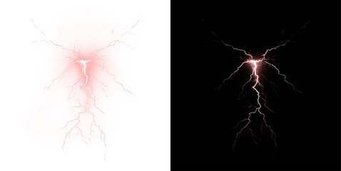 Powerful red lightning bolt with electric burst, glowing thunderstrike, neon flare and energy discharge. Realistic png element for dynamic, stormy or magical designs.