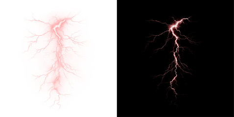 Powerful red lightning bolt with electric burst, glowing thunderstrike, neon flare and energy discharge. Realistic png element for dynamic, stormy or magical designs.
