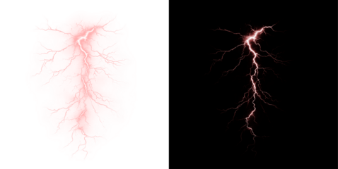 Powerful red lightning bolt with electric burst, glowing thunderstrike, neon flare and energy discharge. Realistic png element for dynamic, stormy or magical designs.