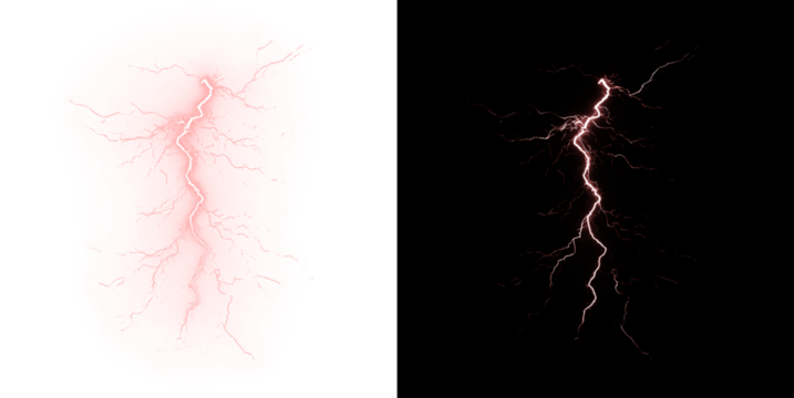 Dramatic lightning strike and thunder overlay with electric storm energy. Powerful weather effect ideal for dramatic nature scenes and designs. Isolated PNG background.	