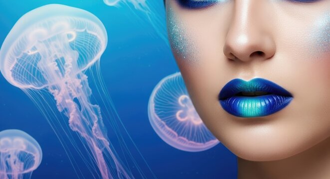 Close-up of a woman's face with shimmering blue and silver makeup resembling an underwater theme jellyfish in a vivid blue background, studio lighting.