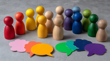 Colorful wooden figurines with speech bubbles under vivid speech bubbles representing diverse perspectives and collaborative conversations
