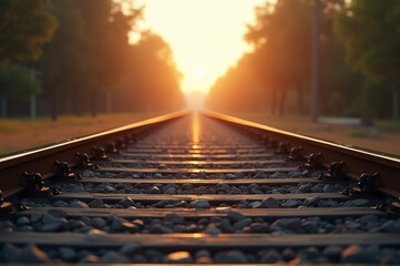 Obraz premium Sunlight glimmers on metal tracks leading through a lush green forest at dusk. The warm hues of orange and gold create a serene atmosphere, inviting quiet reflections