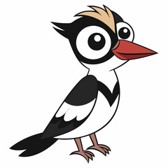 Cartoon magpie stands gracefully, showcasing black, white, and brown plumage with red beak