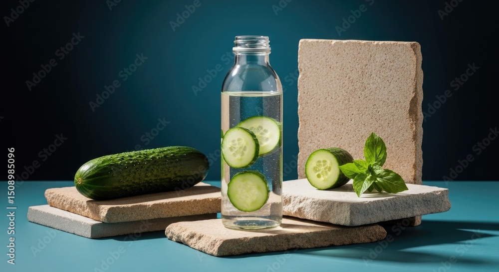 Poster a transparent glass bottle with cucumber slices inside stands alongside fresh cucumber and mint leav