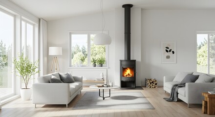 Bright living room with a modern fireplace as the focal point