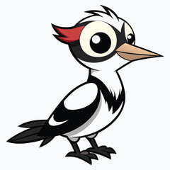 A cartoon woodpecker with red feathers stands on its small feet cheerfully
