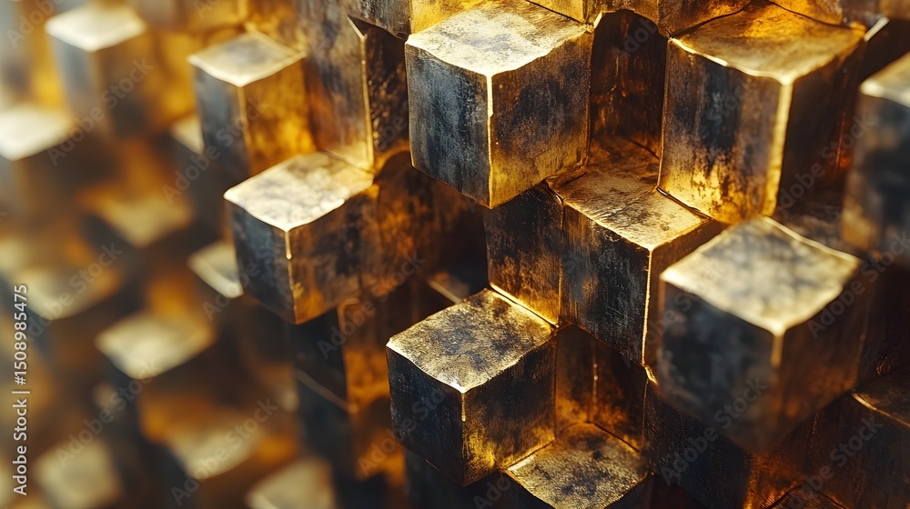 Poster capture attention with this stunning abstract image featuring textured gold cubes in a geometric arr