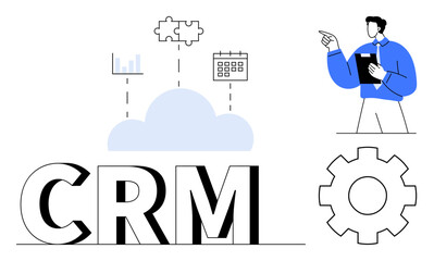 CRM letters with cloud linking to graphs, calendar, puzzle pieces. Gear icon and man with clipboard. Ideal for business management, strategy, leadership, teamwork, integration automation flat