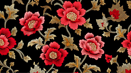 Floral pattern with red flowers and golden leaves on a black background in a seamless design style