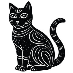 Elegant Black Cat Illustration  Swirling Patterned Feline Design