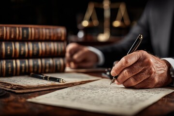 An experienced advocate meticulously drafting a legal document using a fountain pen with law books and justice scale in background