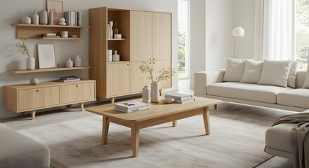 Bright living room with light wood furniture including shelving a cabinet a coffee table and a sofa