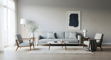 Bright living room with light grey sofa chairs  soft rug