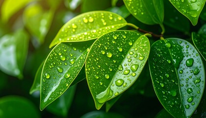 Lush green leaves glistening with morning dew, sunlight illuminating the vibrant foliage