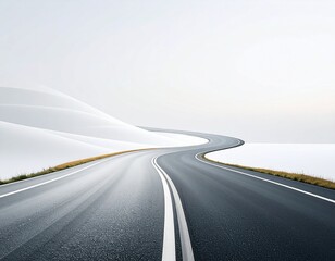 Winding Road to Adventure: An inviting asphalt road, a symbol of journeys and exploration, gracefully curves through an expanse of white, offering a glimpse into the unknown.