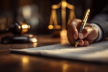 Obraz premium Signing Legal Document on Wooden Desk with Gavel and Scales of Justice in Background, Focus on Pen and Hand