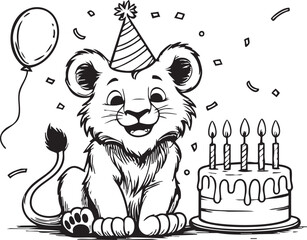 Cute cartoon mammal vector illustration of a lion with balloons and a gift