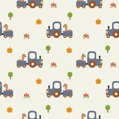 Fototapeta premium Tractor truck horse cartoon so cute. On tree flower pumpkin background. Pattern seamless vector illustration. 