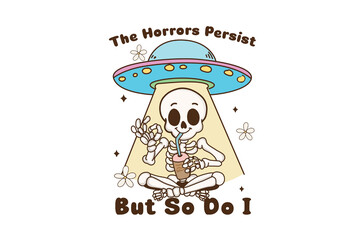 The Horrors Persist but So Do I - Cartoon skeleton drinking coffee under ufo beam Illustration  © Lemon