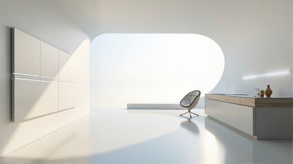 Modern Minimalist Interior with Curved Window and Chair