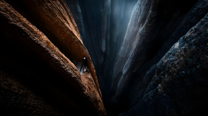 Dark Cave With Climber Figure In Rocky Canyon