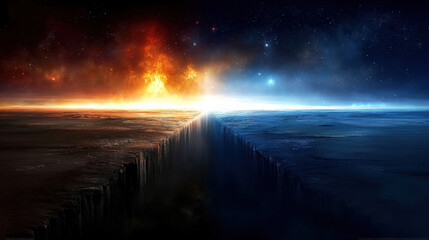 A stunning split landscape portrays one side engulfed in flames and the other in ice, showcasing a stark contrast between fire and frost under a starry sky