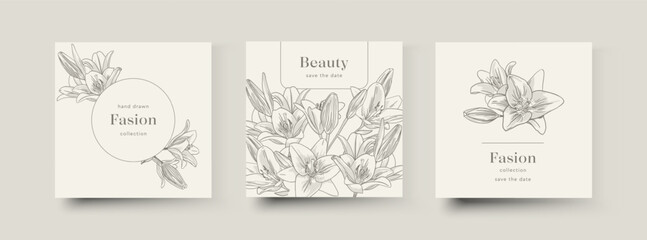 Vector set, floral backgrounds, social media stories, post feed mockups. Textured frame mockup. Use for beauty, jewelry, fashion, cosmetics, wedding, summer. Linear flowers, hand drawn