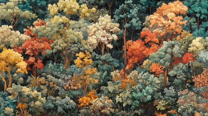 Colorful forest scene with detailed trees and foliage.