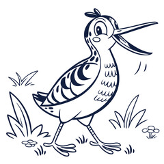 Cartoon bird sings loudly while walking through grass field in a simple design