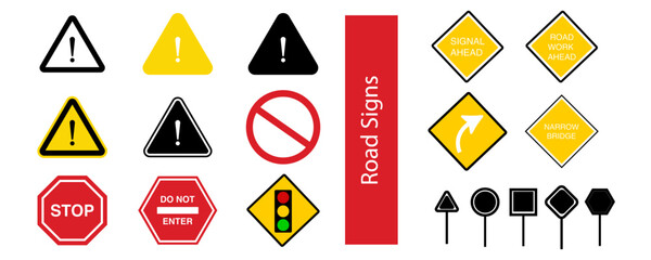 traffic light signs. road signs. Road symbols. USA. Warning triangle icon.