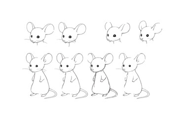 Naklejka premium Adorable Mouse Character Design Line Art Sketches, Multiple Poses and Expressions for Animation or Illustration