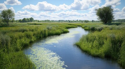 Obraz premium Serene river winding through lush meadowland.
