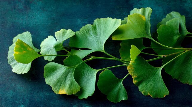 Elegant flat lay of vibrant green ginkgo leaves arranged in a square frame on deep matte black background with high contrast and ample copy space for creative text or design