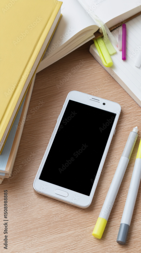 Poster a smartphone with a blank black screen rests on a wooden desk surrounded by notebooks and colorful p