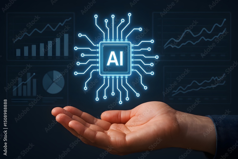 Poster ai in hand, an open hand supports a glowing ai chip, symbolizing the future of technology. the scene