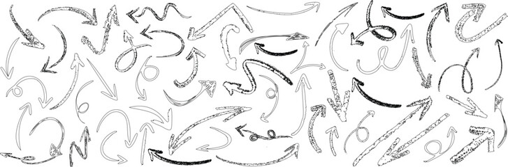 Hand drawn sketch arrow set featuring curved, looped, wavy, and straight doodle arrows