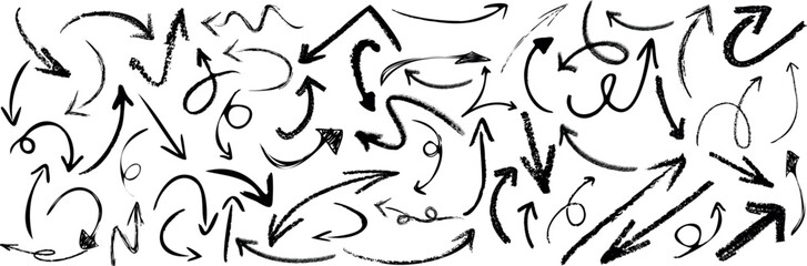 Pencil arrow, charcoal and chalk arrow sketches in dynamic styles. hand drawn directional grunge arrow designs elements add artistic flair to infographics, presentations, and designs