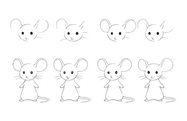 Naklejka premium Learn to Draw Cute Mice Step-by-Step Guide for Beginners. Easy Mouse Drawing Tutorial for Kids and Adults