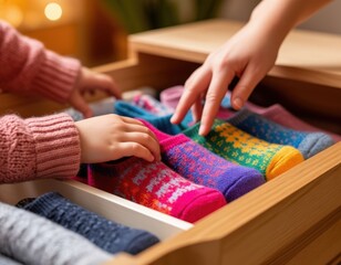 Fototapeta premium Parent and child picking socks from a drawer.