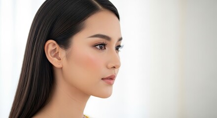 Fototapeta premium Portrait of a young woman with long dark hair, soft makeup and a serene expression. Profile view against a blurred white background evoking a sense of tranquility and beauty.