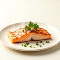 Grilled salmon on white plate with white background.