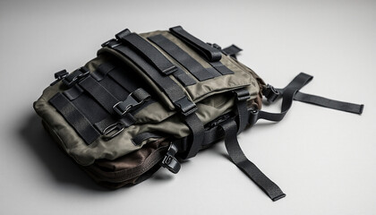 4k ULTRA HD Tactical Military Backpack with MOLLE Webbing on Plain Neutral Grey Background, Isolated