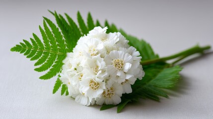 Elegant white yarrow flower with green fern leaves on neutral background for botanical or floral design