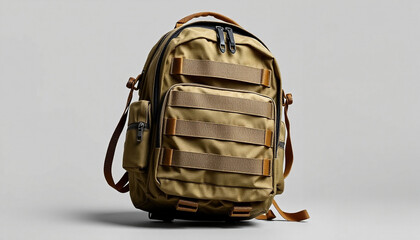 4k ULTRA HD Tactical Military Backpack with MOLLE Webbing on Plain Neutral Grey Background, Isolated