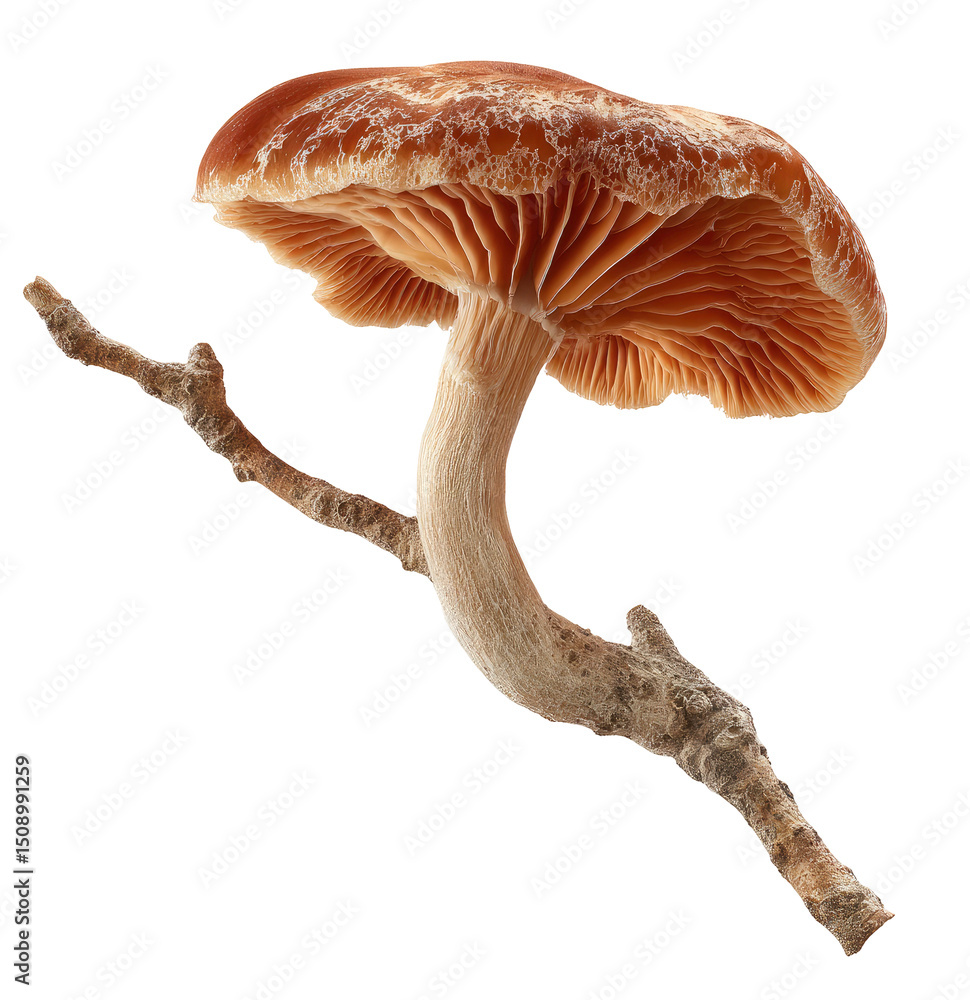 Poster single mushroom with gills and a twig brown color studio shot on transparent background