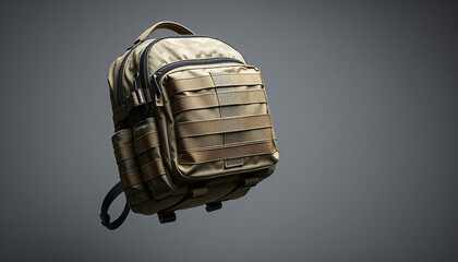 4k ULTRA HD Tactical Military Backpack with MOLLE Webbing on Plain Neutral Grey Background, Isolated