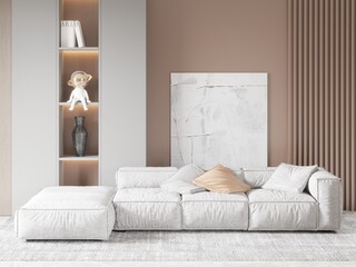 Mock up of a bright spacious living room with a fashionable large sofa and a modern stylish background, 3d rendering.