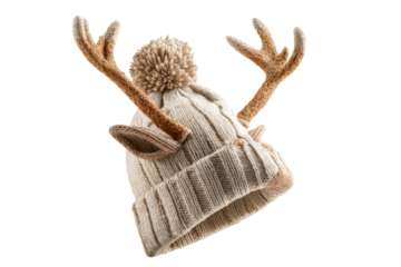 PNG Cozy knit beanie with yarn antlers and pom pom on black background